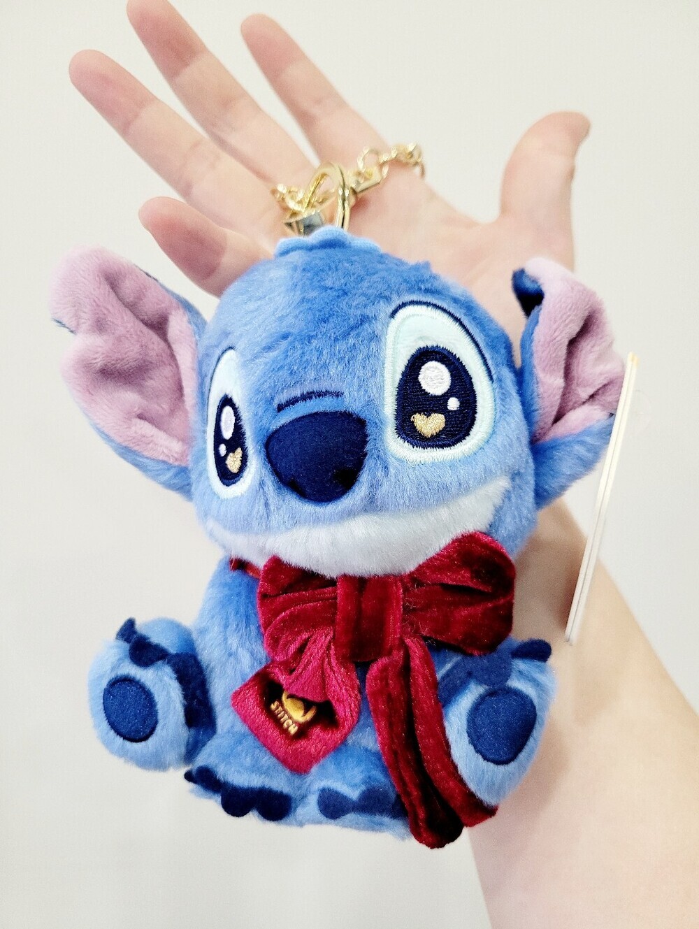 Brand New Disney Stitch Red Ribbon Gold Chain Plush Keychain